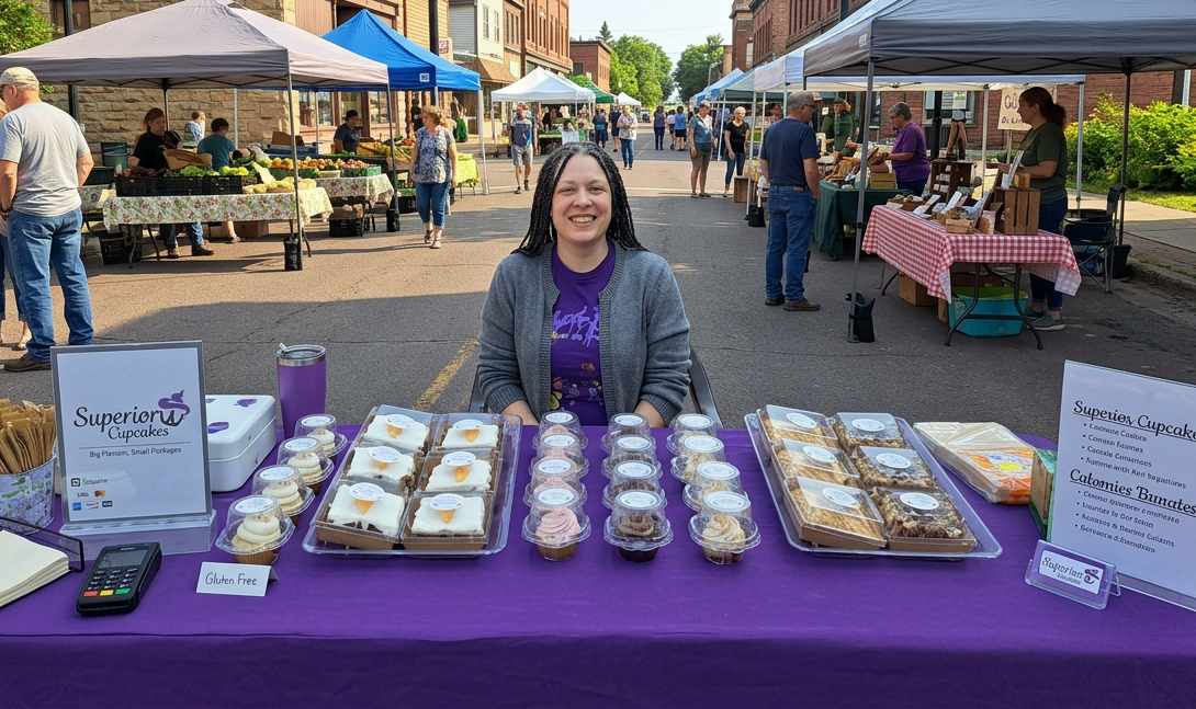 Vendor sitting behind table with gluten-free cupcakes at outdoor farmers market